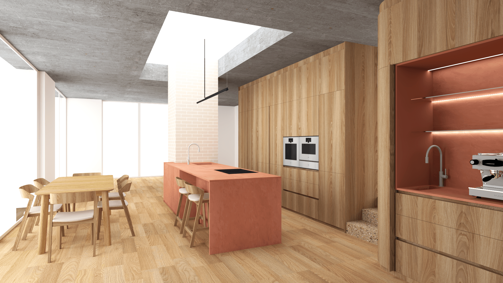 Studie interiéru kuchyně s výrazným terakotovým ostrůvkem