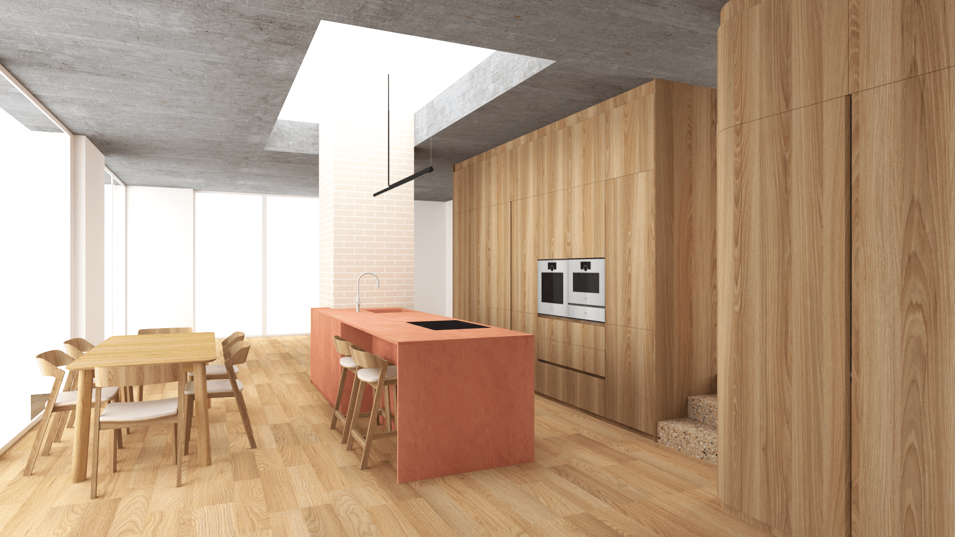 Studie interiéru kuchyně s výrazným terakotovým ostrůvkem