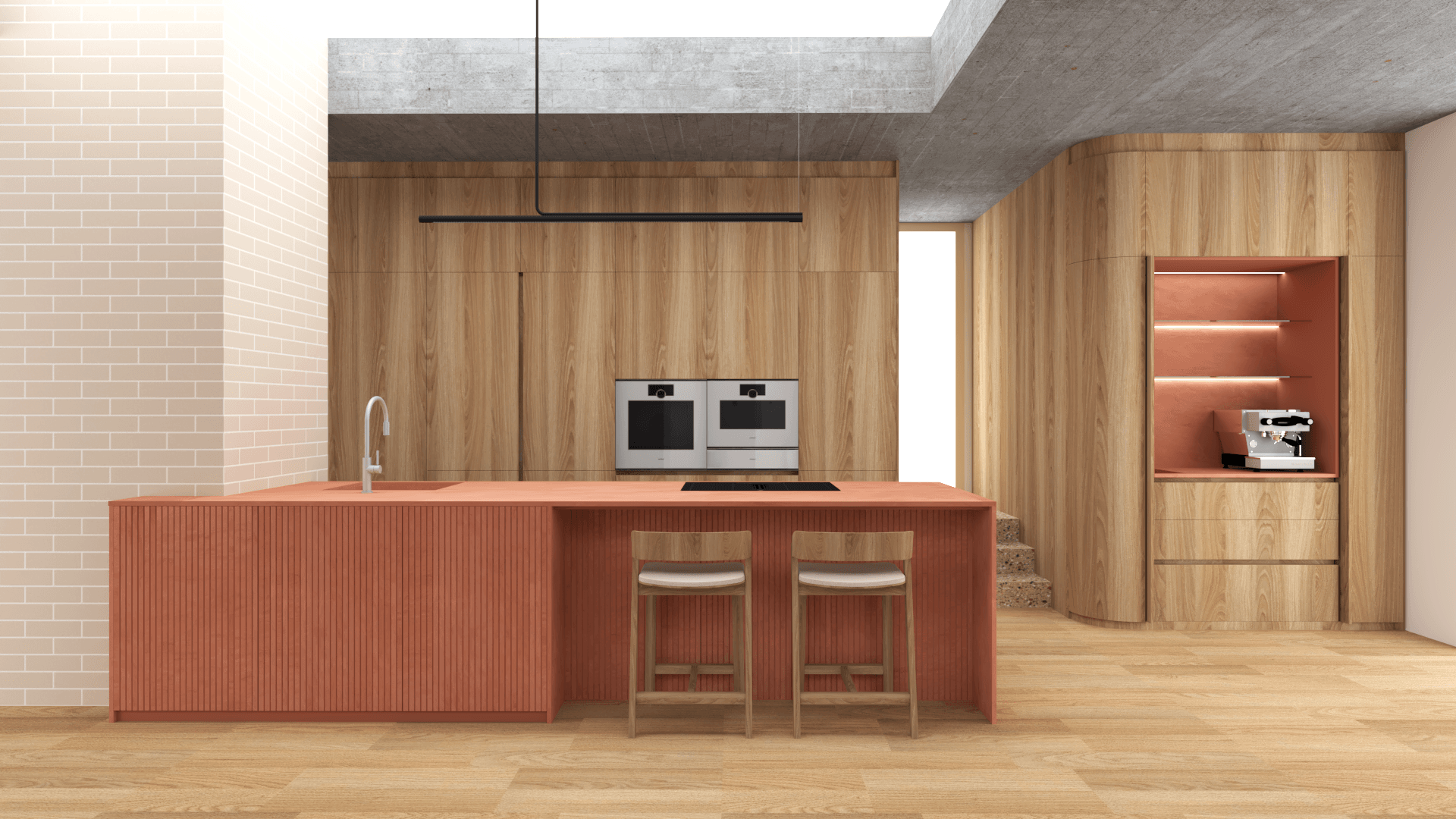 Studie interiéru kuchyně s výrazným terakotovým ostrůvkem